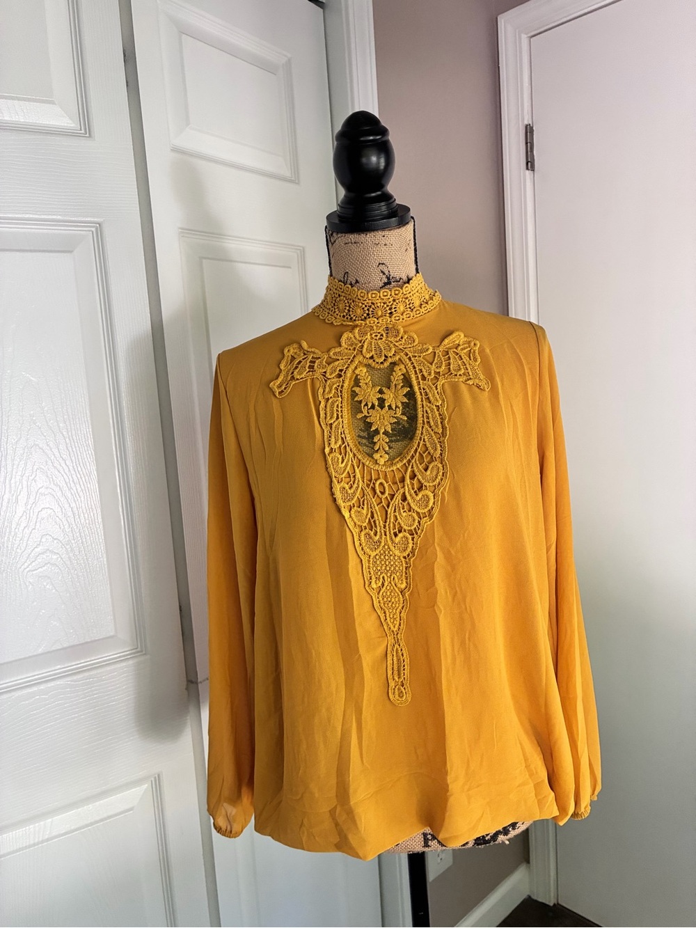 Women's Mustard Yellow Lace Detail High-Neck Blouse